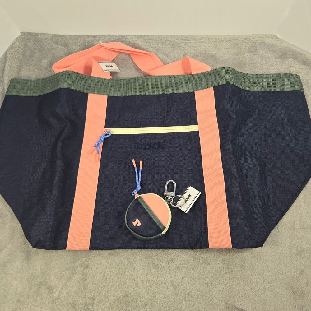 Victoria's Secret PINK Oversized Canvas Tote Bag Navy Peach with Coin Purse NWT